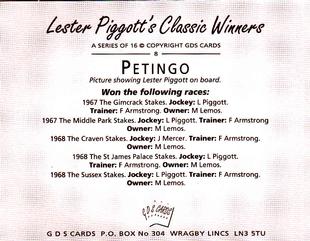 2000 GDS Cards Lester Piggott's Classic Winners #8 Petingo Back